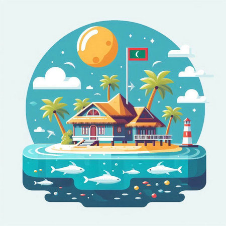 Tropical island with bungalows, palm trees, lighthouse and sea. Flat style vector illustration.のイラスト素材