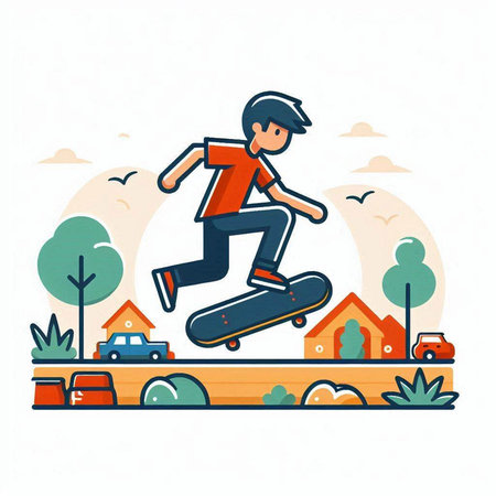 Skateboarder jumping on the road. Flat style vector illustration.のイラスト素材
