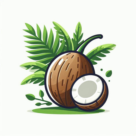 Coconut fruit with leaves. Vector illustration on white background.のイラスト素材
