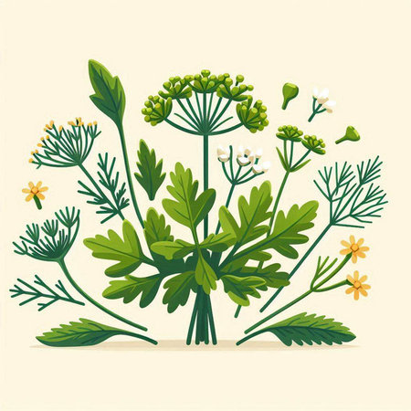 Vector illustration of a bunch of parsley and dill with flowers.のイラスト素材