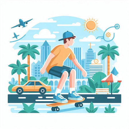 Skateboarder on the road in the city. Flat style vector illustration.のイラスト素材