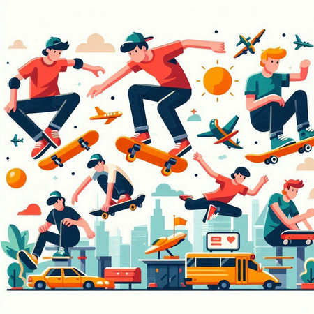 Skateboarder, skateboarder and skateboarder. Vector illustration in flat styleのイラスト素材