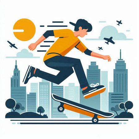 Skateboarder jumping on the city. Vector illustration in flat styleのイラスト素材