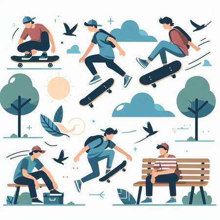 Skateboarding and skateboarding flat design vector illustration set. Skateboarder, skateboarder, skateboarder, cyclist, skateboarder in park.のイラスト素材