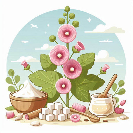 Hollyhock flowers and ingredients for spa, aromatherapyのイラスト素材