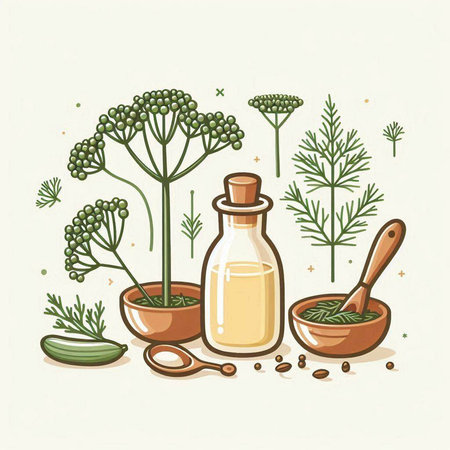 Dill, parsley and oil in a glass bottle. Vector illustration.のイラスト素材