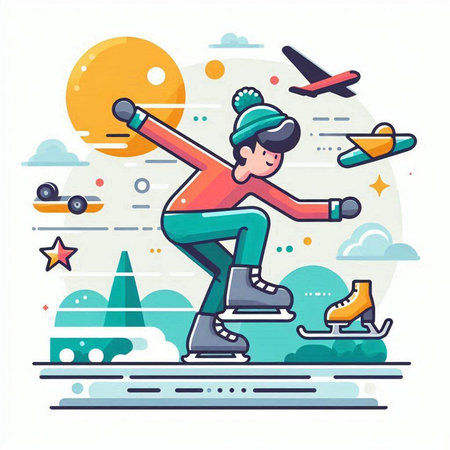 Winter sport, skates and snowboarding, flat vector illustration.のイラスト素材