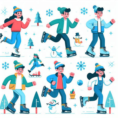 Winter sports. People skating on ice. Cartoon vector illustration. Set of characters.のイラスト素材