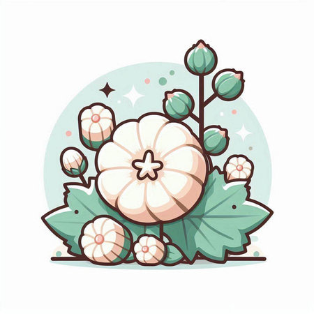 Vector illustration of cute cartoon white pumpkin with green leaves on white background.のイラスト素材