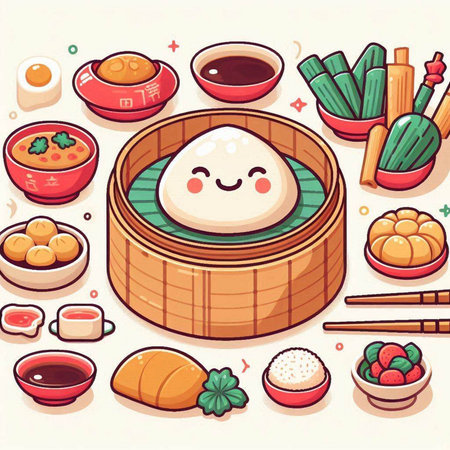 Vector illustration of Chinese dumplings in bamboo steamer set.のイラスト素材