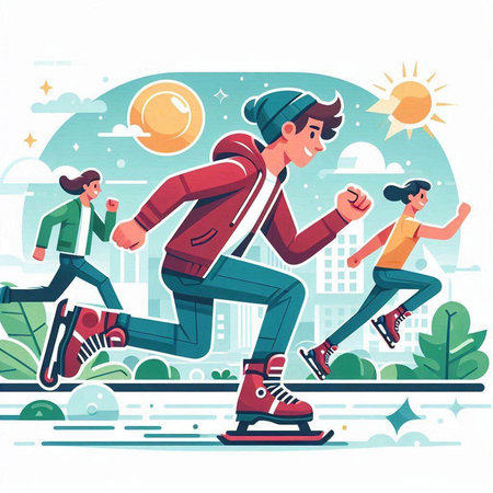 People skating on ice rink, flat vector illustration. Young men and women in sportswear having fun on winter holidays.のイラスト素材