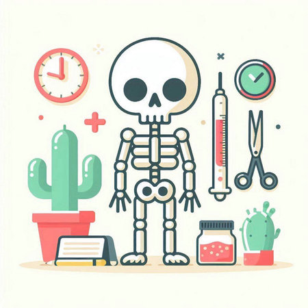 Vector illustration of a skeleton holding a thermometer, a syringe, a cactus, a medical mask and a clock on a white background.のイラスト素材