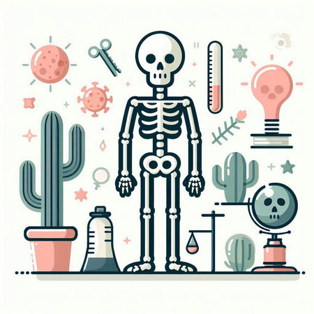 Vector illustration of human skeleton surrounded by cactuses. Flat style.のイラスト素材