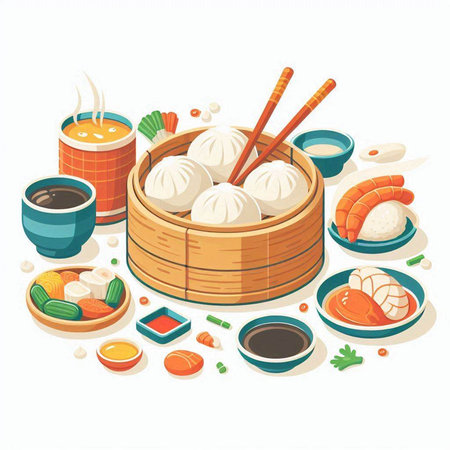 Vector illustration of dim sum in bamboo steamer with chopsticks and soy sauceのイラスト素材