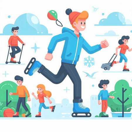 People on roller skates in park flat vector illustration. Cartoon man and woman riding on ice skates.のイラスト素材