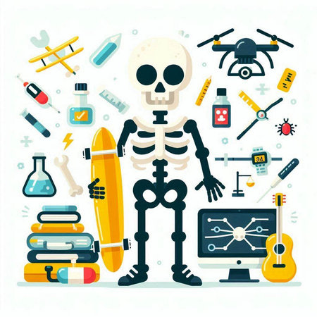 Skeleton with a set of medical tools. Vector flat illustration.のイラスト素材