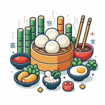 Illustration of chinese dumplings with chopsticks and vegetablesのイラスト素材