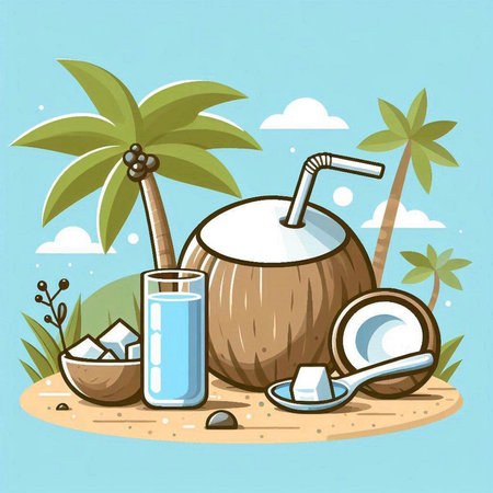 Coconut drink and coconut on the beach. Vector illustration.のイラスト素材