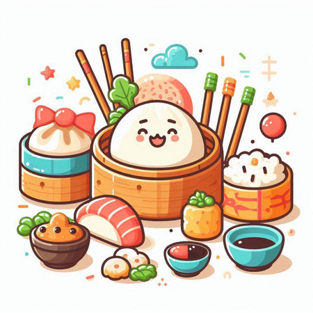 Illustration of sushi and rolls in a bamboo basket. Vector illustrationのイラスト素材