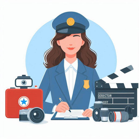 Policewoman with movie clapper and camera. Vector illustrationのイラスト素材