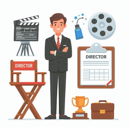 Movie director, director, director, director, director, director, director, director, director, director chair. Vector illustration in cartoon styleのイラスト素材
