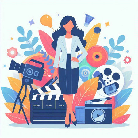 Cinema concept. Young woman with camera and clapperboard. Vector illustration in flat styleのイラスト素材
