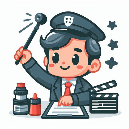 Policeman with movie clapperboard and flashlight vector illustration.のイラスト素材
