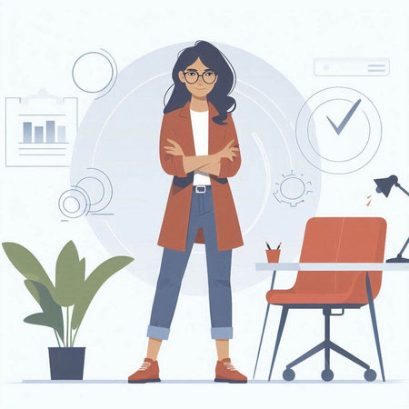 Vector illustration of a young woman standing in the office and looking at the cameraのイラスト素材