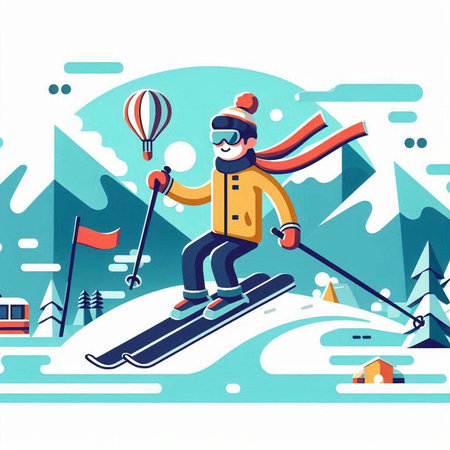 Man skiing in mountains. Winter sport. Vector illustration in flat styleのイラスト素材
