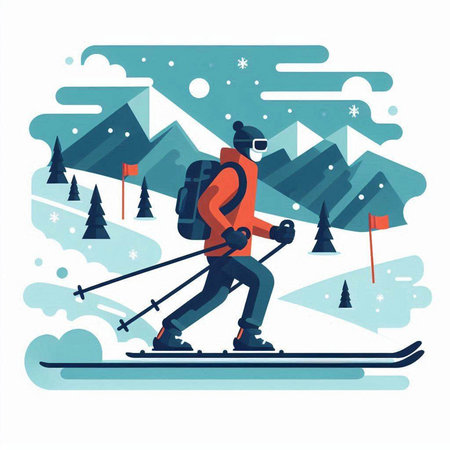 Vector illustration of a man skiing in the mountains. Flat style.のイラスト素材