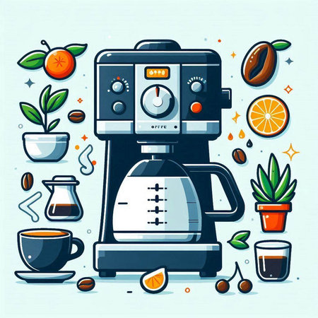 Coffee machine with coffee beans and fruits, vector illustration.のイラスト素材