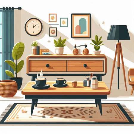 Interior of living room with furniture, coffee table, lamp and plants. Vector illustrationのイラスト素材