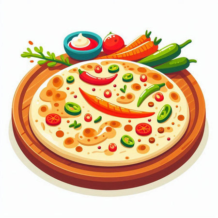 Pizza with pepper, tomato, onion and cheese. Vector illustration.のイラスト素材