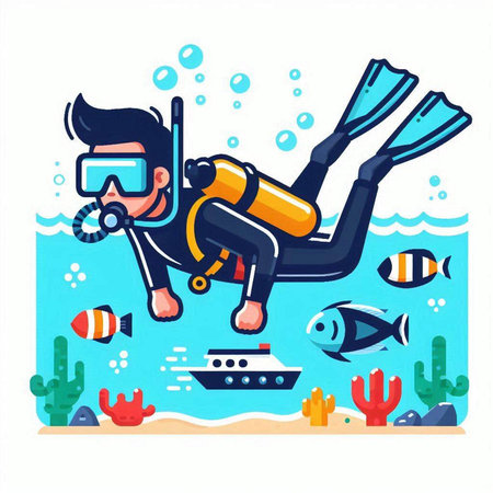 Scuba diving vector illustration in flat cartoon style. Diving and snorkeling.のイラスト素材