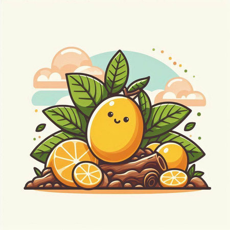 Cute orange fruit with leaves. Vector illustration for your design.のイラスト素材