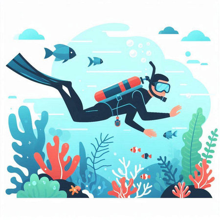 Scuba diving vector illustration. Scuba diver swimming underwater in the sea.のイラスト素材