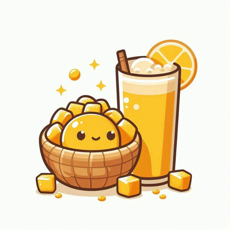 Cute cartoon orange juice in a basket with ice cubes. Vector illustration.のイラスト素材