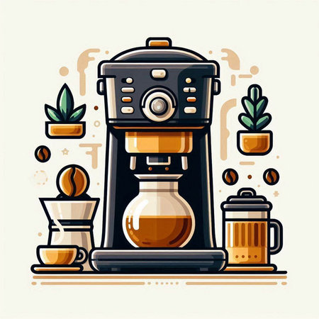 Coffee machine and coffee beans. Vector illustration in flat style.のイラスト素材