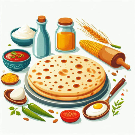 Illustration of a set of traditional indian food, vector illustrationのイラスト素材