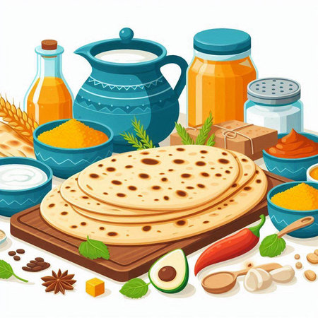Vector illustration of traditional indian food on white background. Baking ingredients.のイラスト素材