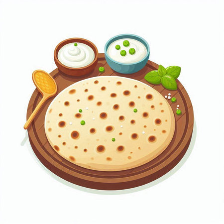 Illustration of a traditional mexican tortilla with sour cream and green peasのイラスト素材