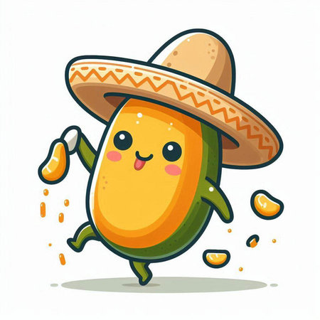 Mango character in mexican sombrero, vector illustrationのイラスト素材