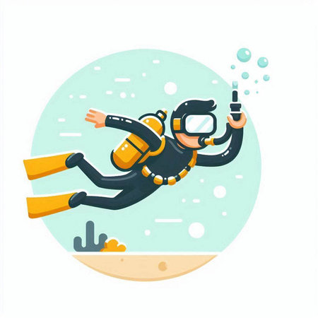 Scuba diving vector flat illustration. Cartoon scuba diver character.のイラスト素材