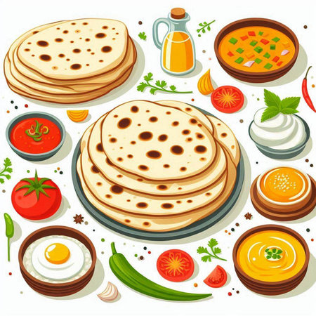 Illustration of a set of traditional indian food on a white backgroundのイラスト素材