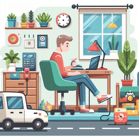Man working at home. Vector illustration in flat cartoon style. Working from home concept.のイラスト素材