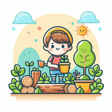 Cute little boy planting trees in the garden. Vector illustration.のイラスト素材