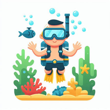 Scuba diver on the seashore. Vector illustration in cartoon styleのイラスト素材