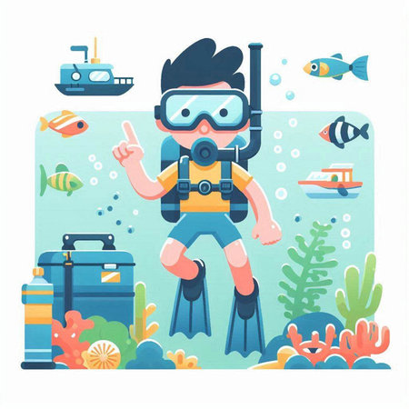 Scuba diver in the sea. Vector illustration in flat style.のイラスト素材