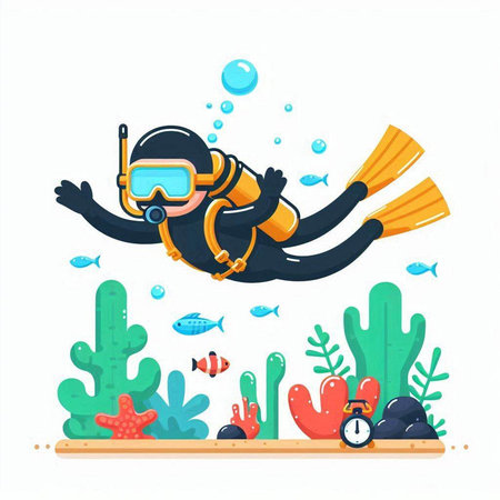 Scuba diving vector illustration. Cartoon scuba diver swimming underwater.のイラスト素材