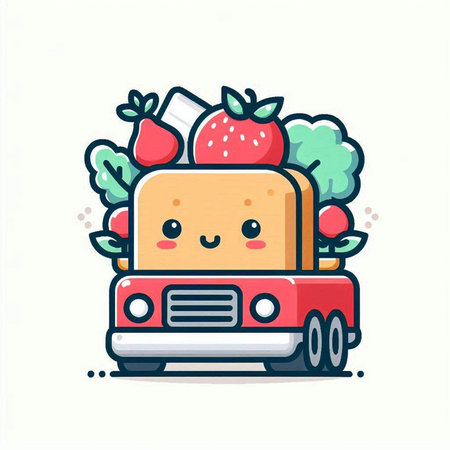Cute food truck with fruits and vegetables. Vector flat cartoon character illustration icon design. Isolated on white backgroundのイラスト素材